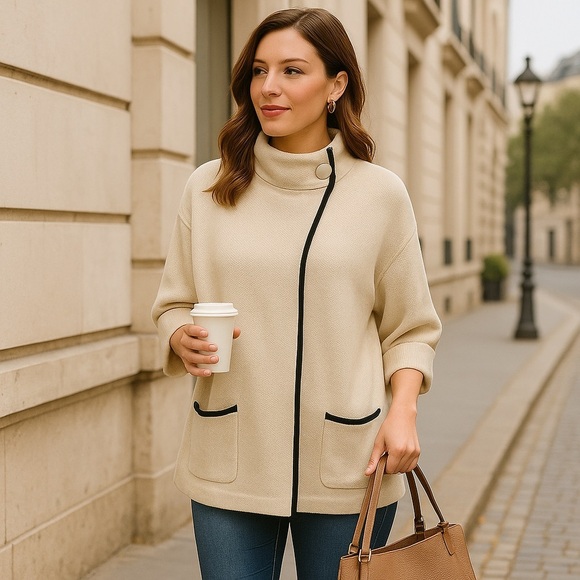 LC Lauren Conrad Cream Poncho with Black Accents Cape Sweater One Size (EUC) - Picture 15 of 15